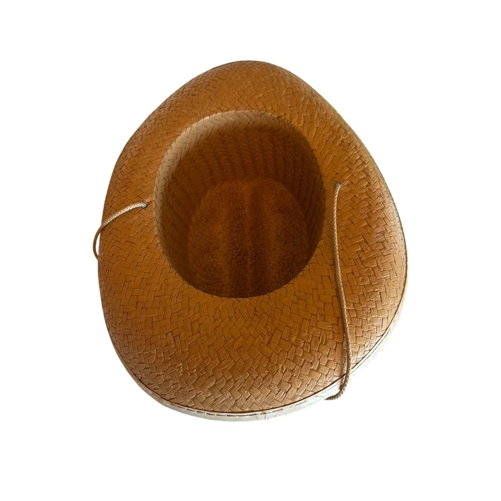 Vintage Cowboy Hat Tan Woven Straw Graphic Print Rodeo Western Chin Strap